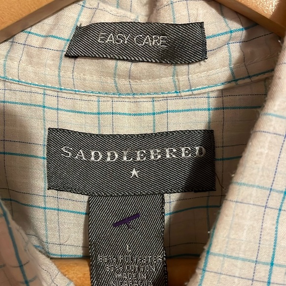 •SADDLEBRED•MENS' SHORT SLEEVE BLUE/OFF-WHITE PLAID BUTTON DOWN SHIRT  LARGE EUC - Picture 3 of 9